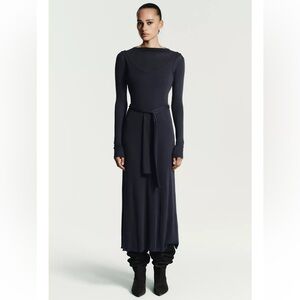 Elegant tie belt charcoal gray Maxi dress